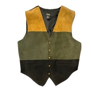 Vtg Stefano men M suede leather vest colorblock biker western cowboy moto rugged